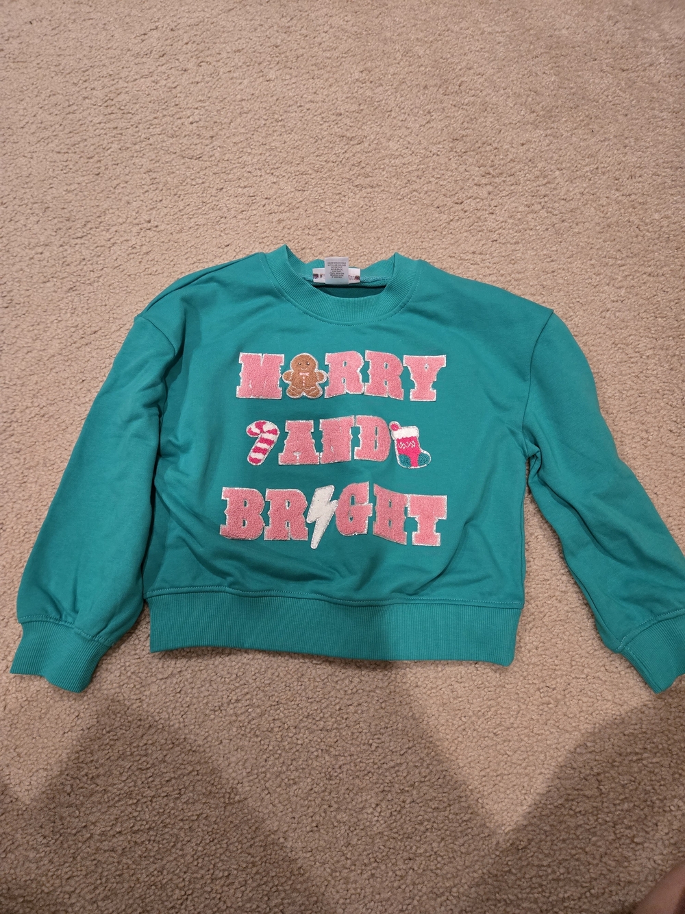 Kids Green 'Merry and Bright' Holiday Sweatshirt with Chenille Lettering